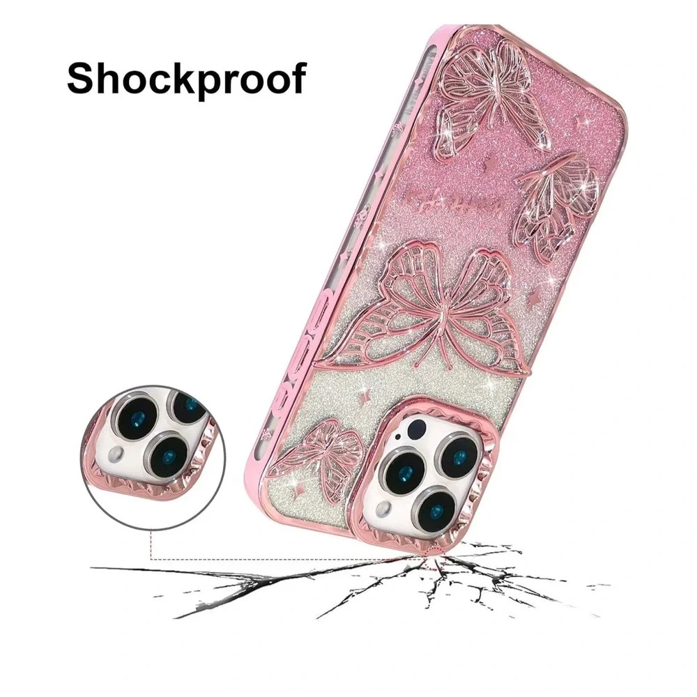 BITOBE iPhone 16 Pro Case 3D Butterfly Glitter Pink Slim Plating‎ Bumper Cover